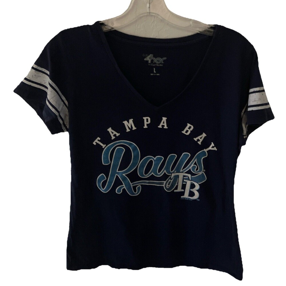 Tampa Bay Rays Shirt Women L 4her Carl Banks Blue White TB Sparkling Lettering B